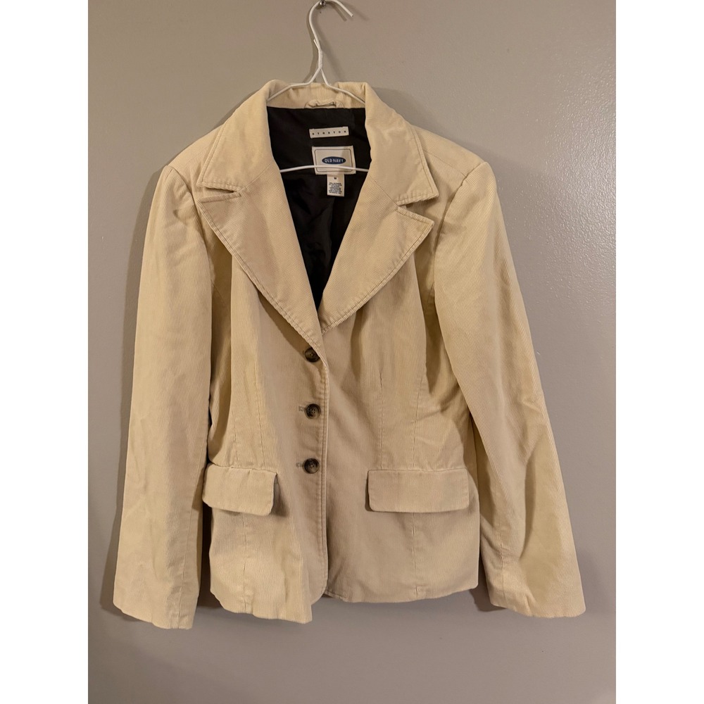 Old Navy Womens Tan Corduroy Blazer Jacket Cream Stretch 3 Button Size M